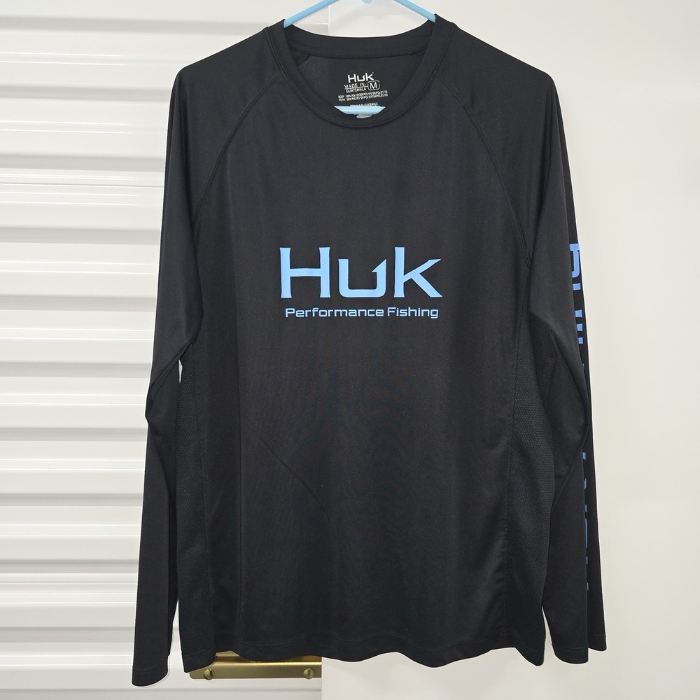 Huk Performance‎ Fishing Mens Medium Black Long Sleeve UPF Shirt Blue Logo